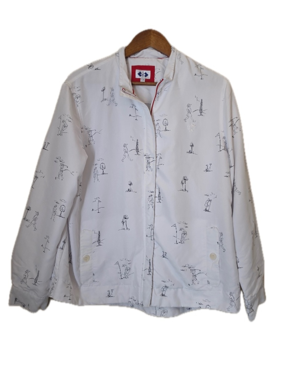 The Garde Womens Jacket L White Golf Print Windbreaker Full Zip Lined Collared